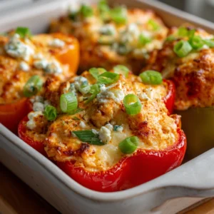 Buffalo Chicken Stuffed Peppers – The Best Low-Carb Comfort Food Ever 2 Buffalo Chicken Stuffed Peppers fresh out of the oven with cheese and green onions