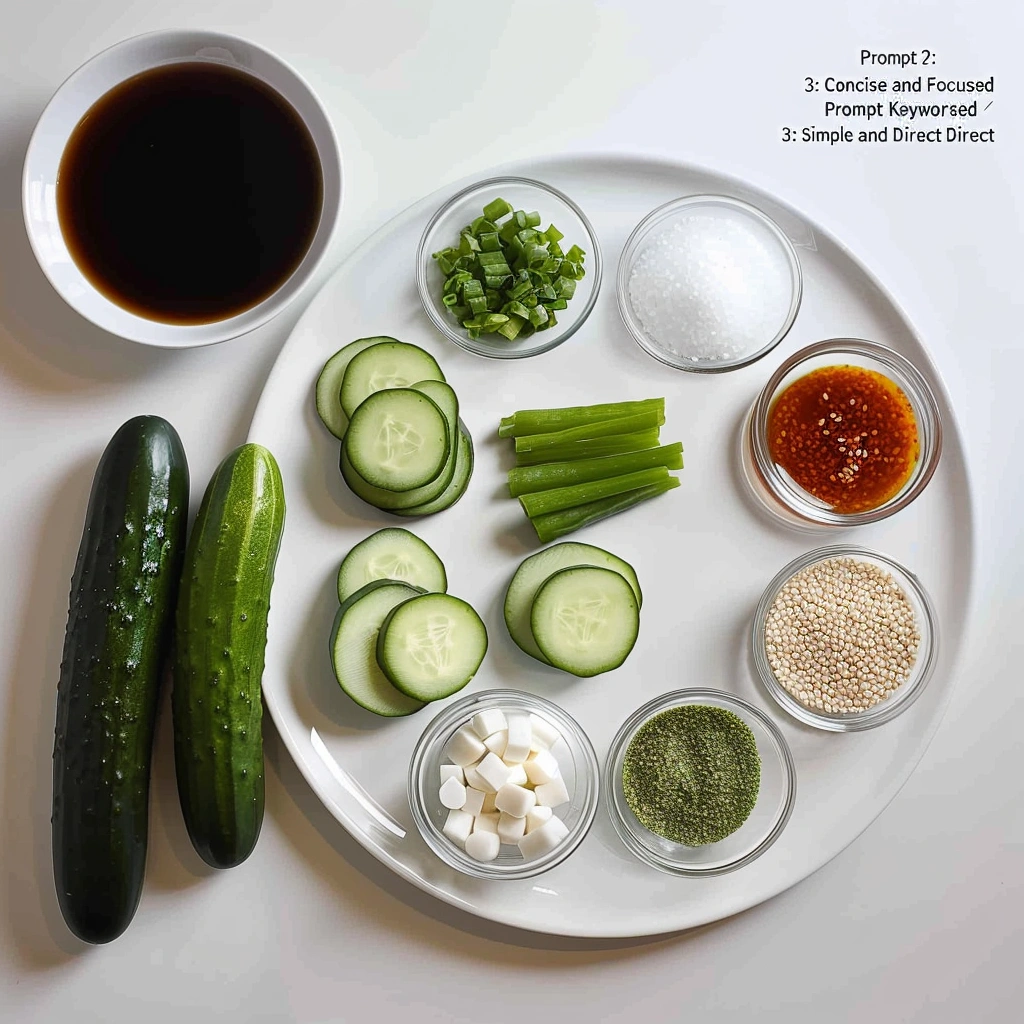 Spicy Pickled Cucumber Salad: The Perfect Tangy Crunchy Side Dish 3 Ingredients for spicy pickled cucumber salad including mini cucumbers, soy sauce, chili oil, sesame oil, garlic, vinegar, green onions, sugar, salt, and sesame seeds