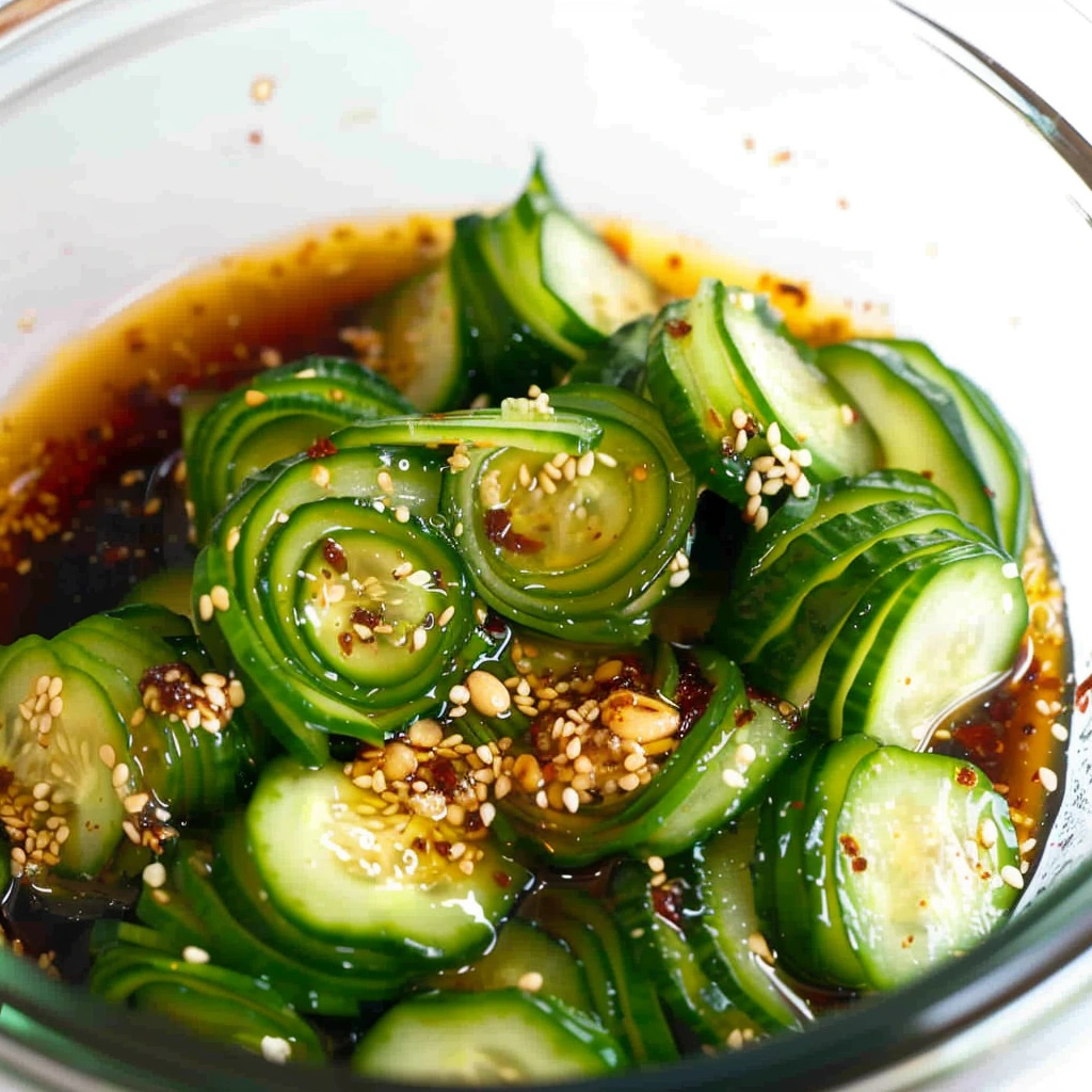 Spicy Pickled Cucumber Salad: The Perfect Tangy Crunchy Side Dish 5 Spiral-cut cucumbers in spicy pickled salad dressing with sesame seeds in a glass bowl