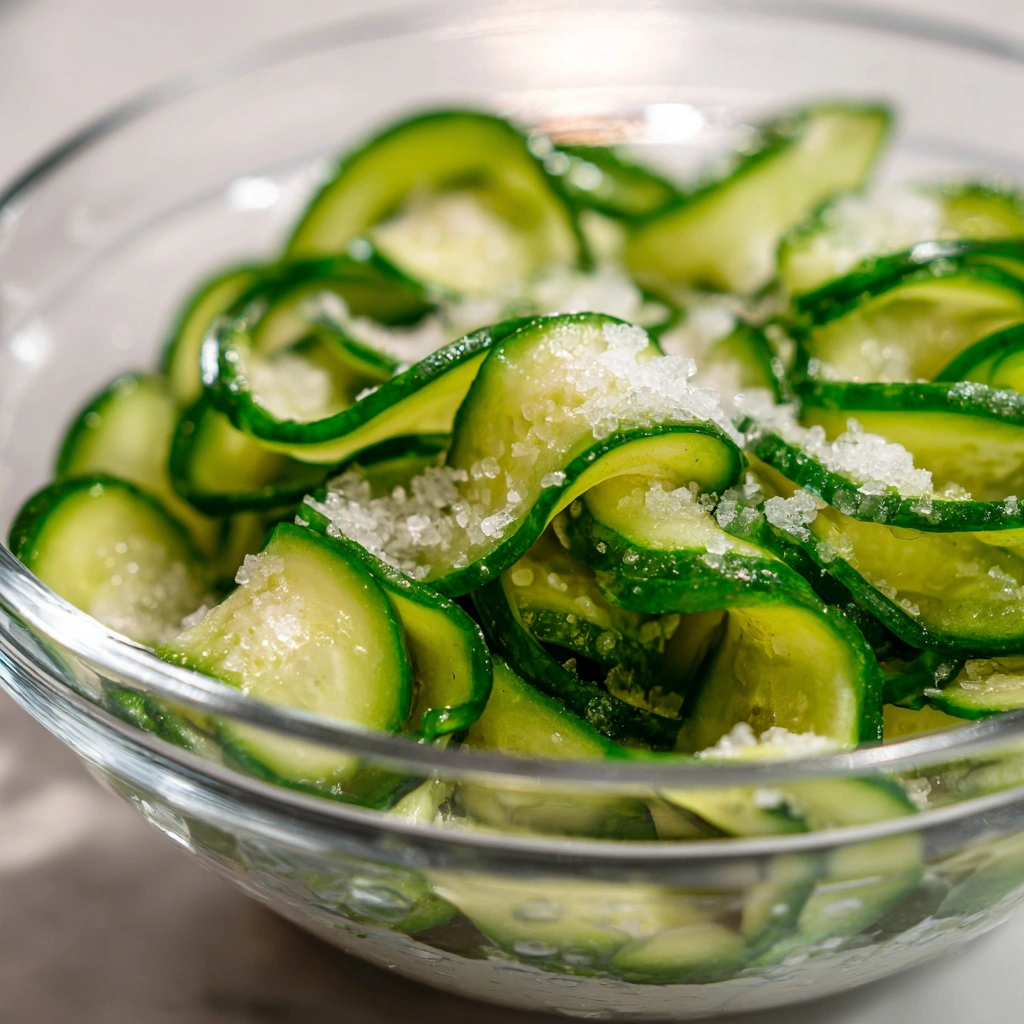 Spicy Pickled Cucumber Salad: The Perfect Tangy Crunchy Side Dish 4 Spiral cucumbers being salted for spicy pickled cucumber salad